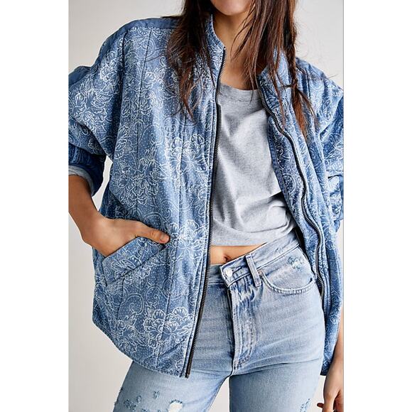 FREE PEOPLE Dolman Lotus Jacket Denim Chambray Quilted Bomber Jacket - Picture 2 of 10